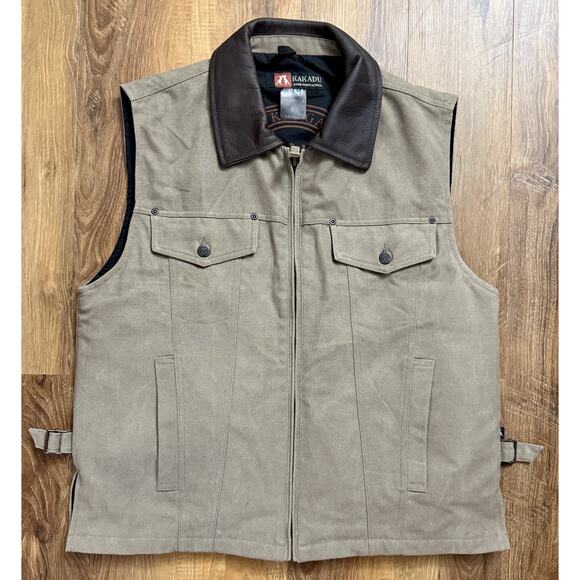 KAKADU Traders Australia Brown Concealed Carry Canvas Vest Leather Trim‎ S EUC - Picture 2 of 15